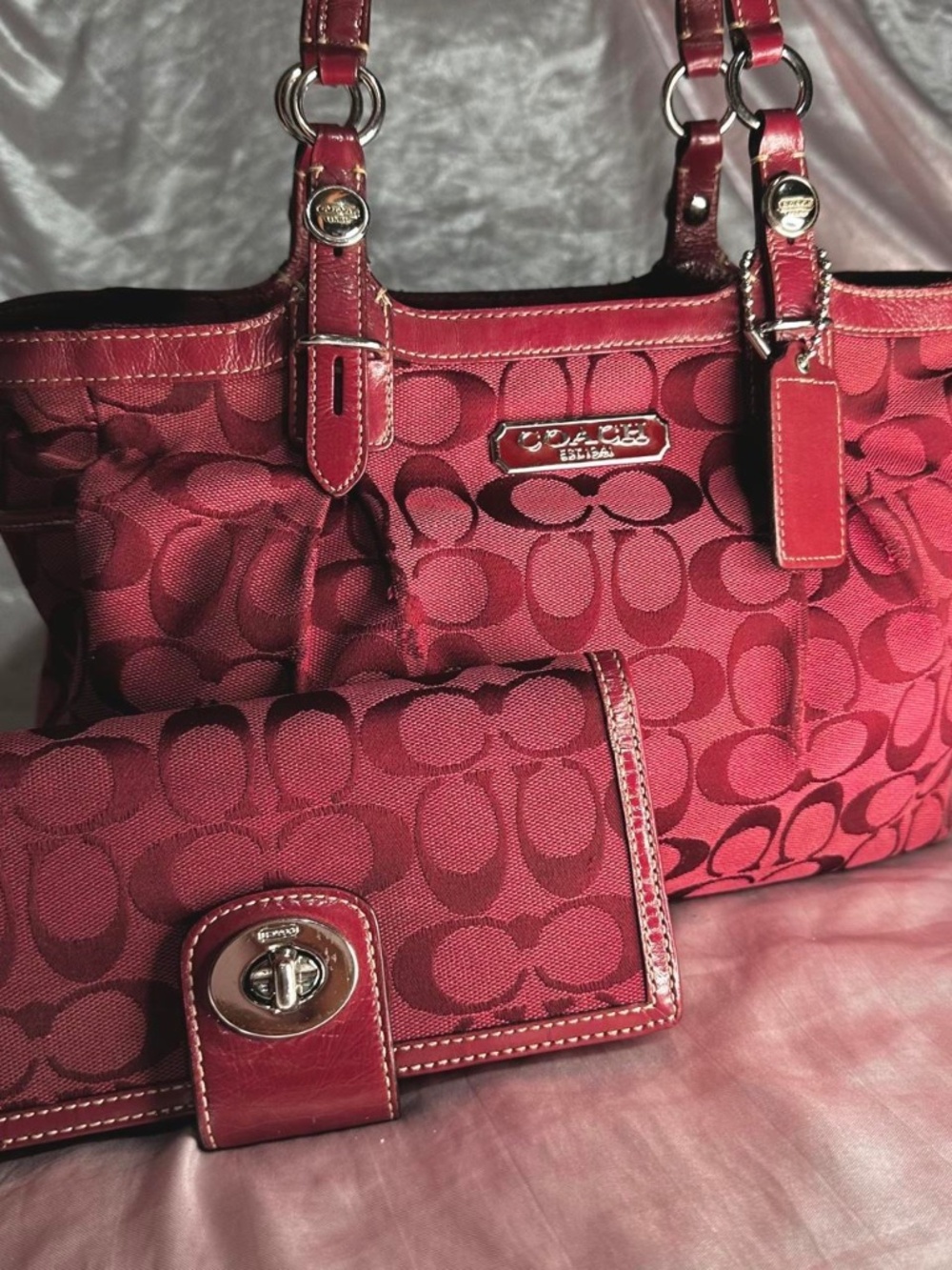 RARE Vintage Y2K Coach Signature Burgundy Tote and Matching Wallet